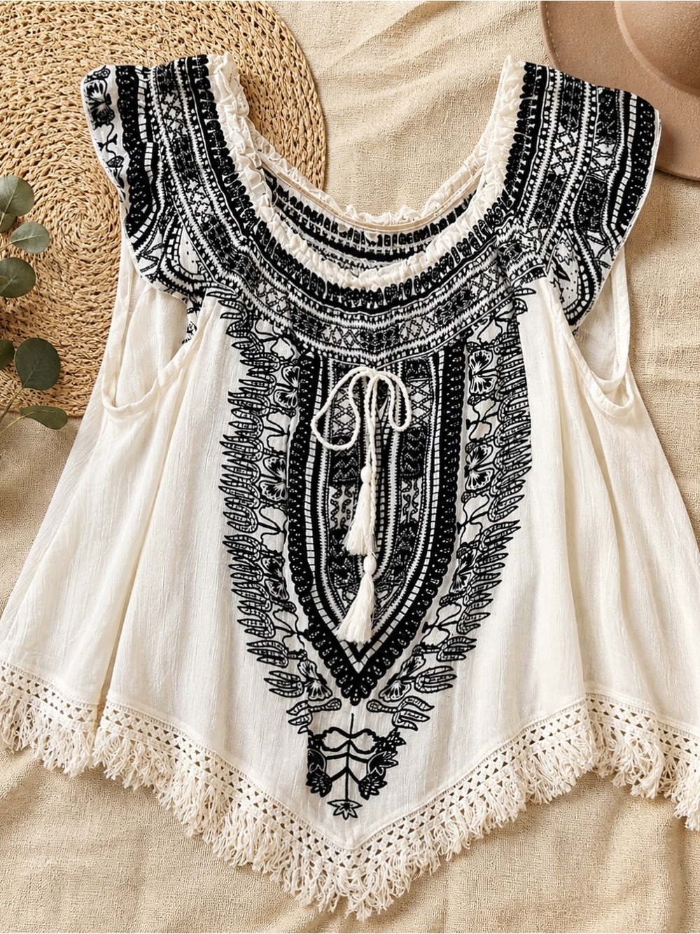 Anthropologie White Tunic Halter with Black Embroidered Yoke Tassels Fringe